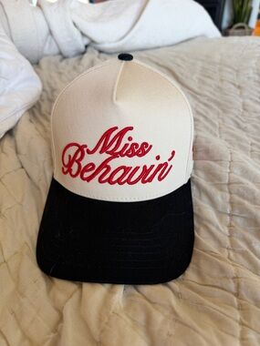 Miss Behavin' Embroidered Trucker Hat - White & Black with Red Script